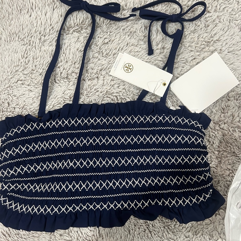 Tory Burch Blue and White Smocked Sleeveless Tank Top